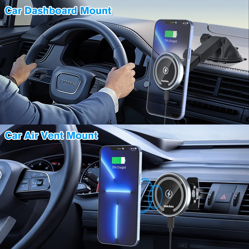  [AUSTRALIA] - Magnetic Wireless Car Charger 2-in-1 Air Vent/Dashboard/Windshield Auto-Alignment Phone Holder for Magsafe Mount iPhone14, 13, 12, Pro, Pro Max, Mini Fast Charging （Aluminum Shell Heat Dissipation）