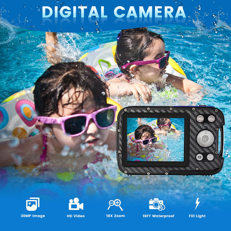  [AUSTRALIA] - YEEIN Digital Camera 30MP Kids Digital Camera with 32G SD Card and Rechargeable Battery, 18X Digital Zoom Compact Portable Digital Camera for Snorkeling Swimming Blue