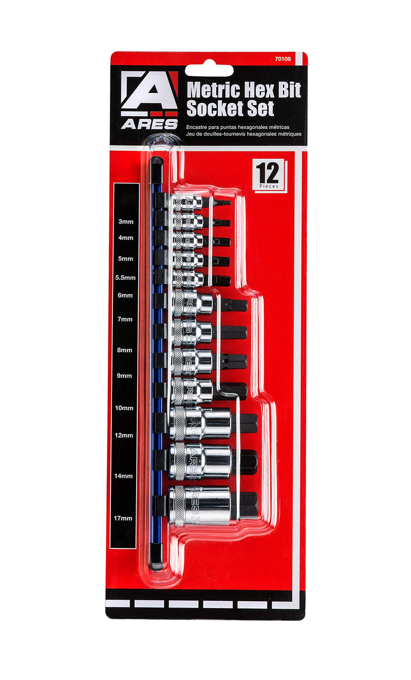  [AUSTRALIA] - ARES 70108-12-Piece Metric Hex Bit Socket Set - Chrome Vanadium Sockets with S2 Alloy Bits - Includes Aluminum Socket Organizer 12pc Metric Hex Bit Socket Set