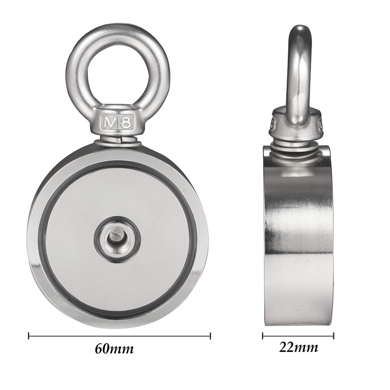 Wukong Second-Generation Neodymium Fishing Magnets (Double-Sided Magnetic) Round Neodymium Magnet with Eyebolt, Combined 600 LBS Pulling Force, 2.36" Diameter - Magnet for River or Lake Fishing. - LeoForward Australia