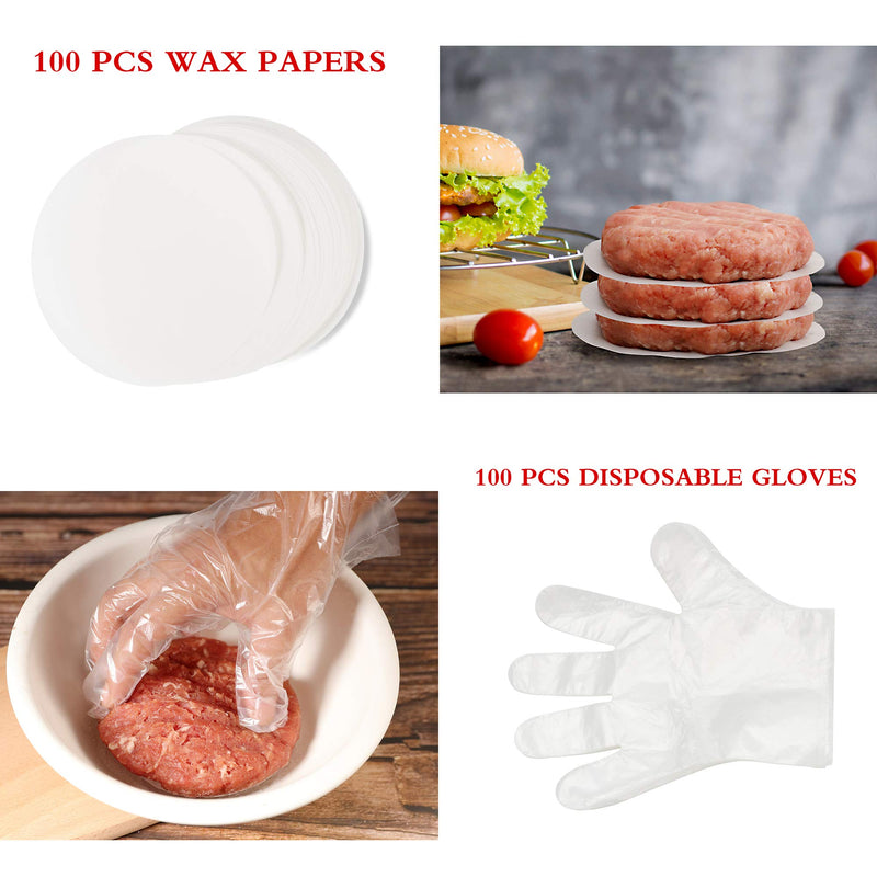  [AUSTRALIA] - Gkotta Hamburger Press Patty Maker for 1/4 to 1/2 Lb Patty, Aluminum Non-Stick Burger Patty Press with 100 Sheets of Wax Paper and Plastic Gloves, 4.5 Inch Diameter, Weight 8 oz