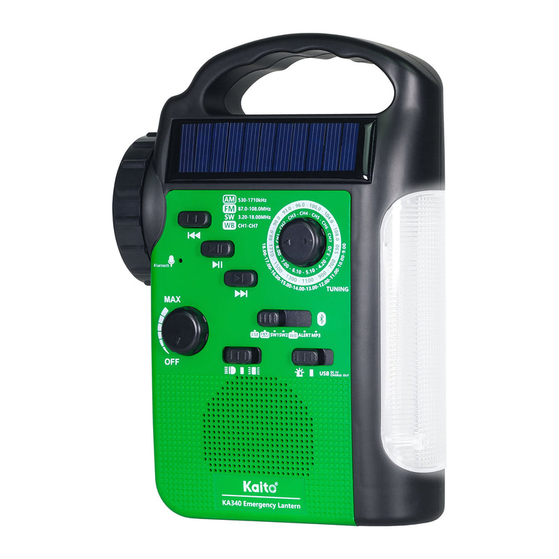 Kaito KA340 5-Way Powered Rechargeable LED Camping Lantern & Emergency AM/FM/SW NOAA Weather Alert Radio with Bluetooth, Flashlight, 5V USB Mobile Phone Charger, MP3 Player & Siren (Green) Green - LeoForward Australia
