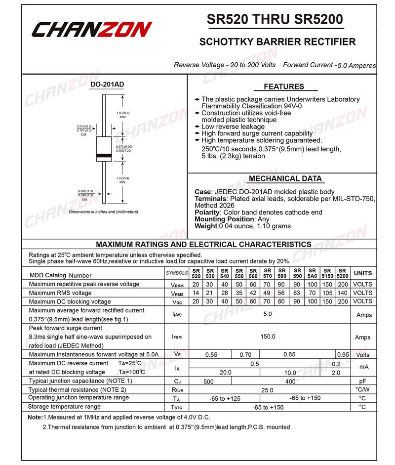 (Pack of 20 Pieces) Chanzon SR560 (SB560) Schottky Barrier Rectifier Diodes 5A 60V DO-201AD (DO-27) Axial 5 Amp 60 Volt - LeoForward Australia