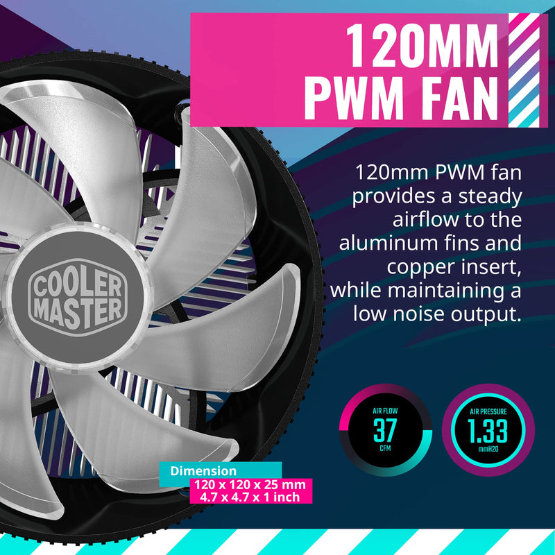  [AUSTRALIA] - Cooler Master i70C LGA1700 ARGB Intel Low-Profile CPU Air Cooler, Anodized Black Aluminum Fins, Copper Insert Base, 95W TDP CPU Support, 120mm ARGB 3-Pin Fan for Intel LGA1700