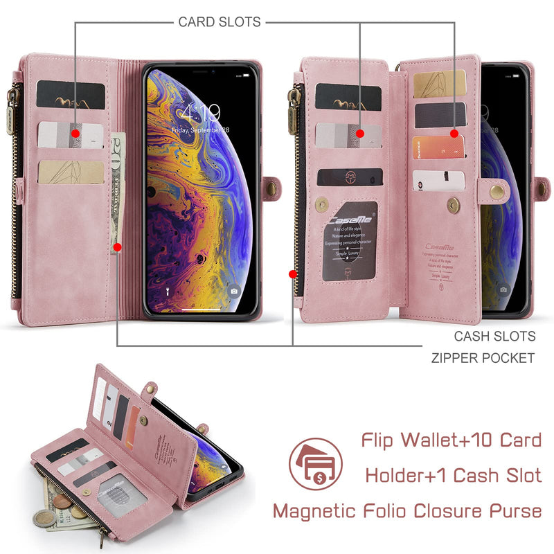  [AUSTRALIA] - Defencase for iPhone Xs Max Case, iPhone Xs Max Wallet Case for Women and Men with 9 Credit Card Holder Slots Zipper Wrist Strap PU Leather Protective Phone Case Wallet for iPhone Xs Max, Rose Pink Elegant Rose Pink