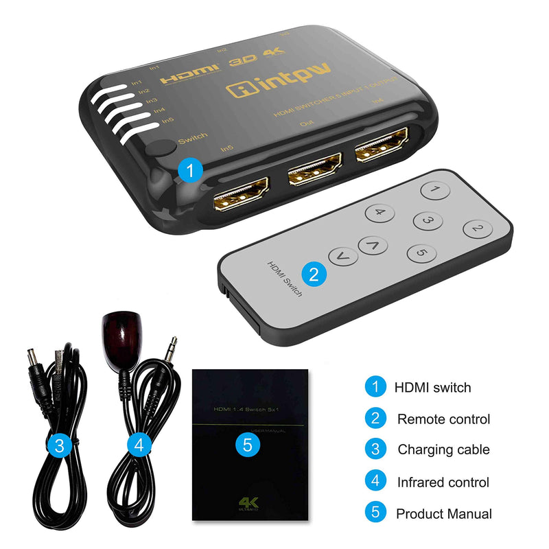  [AUSTRALIA] - HDMI Switch 4k HDMI Splitter, Intpw 5 in 1 Out Intelligent HDMI Switcher with IR Remote Control Supports 4k 3D HD1080P HDMI Splitter for PS3 Xbox Camera STB Blu-ray DVD Player HDMI1.4