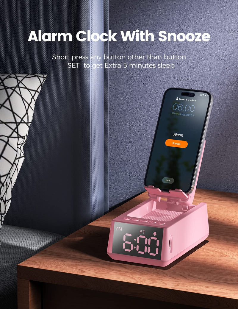  [AUSTRALIA] - Gifts for Him, Her, Cell Phone Stand Bluetooth Speakers, Cool Tech Kitchen Gadgets, Adjustable Phone Holder with LCD Digital Alarm Clock, HD Surround Sound, Birthday for Men Women Dad Who Want Nothing Pink
