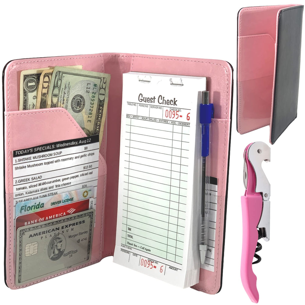  [AUSTRALIA] - Server Book Wallet Waitress Organizer – with Wine Opener, Waitress Book That Fits Apron and Holds Receipts, Pocket Money and Guest Check, Waitress Accessories, Cute Server Book (Pink) Pink