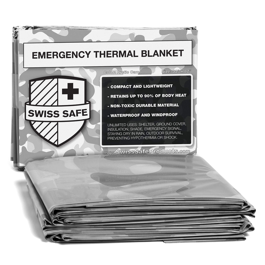  [AUSTRALIA] - Swiss Safe Emergency Mylar Thermal Blankets + Bonus Gold Foil Space Blanket. Designed for NASA, Outdoors, Survival, First Aid, Arctic Camouflage, 4 Pack Winter Camo