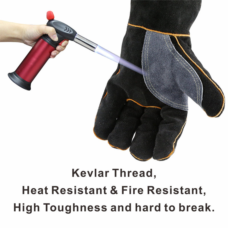  [AUSTRALIA] - KIM YUAN Extreme Heat & Fire Resistant Gloves Leather with Kevlar Stitching,Mitts Perfect for Fireplace, Stove, Oven, Grill, Welding, BBQ, Mig, Pot Holder, Animal Handling 14black