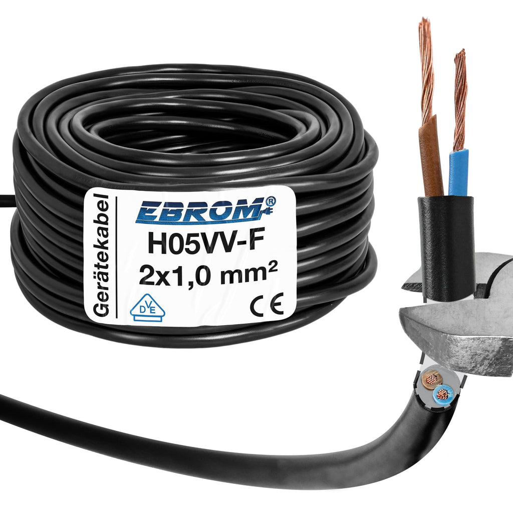  [AUSTRALIA] - EBROM plastic hose line ROUND, cable, power cable, cable, device cable H05VV-F 2x1.0 mm² Color: black - Many lengths in 5 meter increments up to 200 meters 2x1 mm2, your cable length: 10 meters