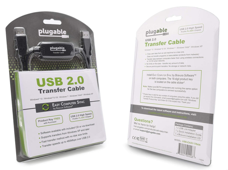 [AUSTRALIA] - Plugable USB 2.0 Transfer Cable, Unlimited Use, Transfer Data Between 2 Windows PC's, Compatible with Windows 10, 8.1, 8, 7, Vista, XP, Bravura Easy Computer Sync Software Included