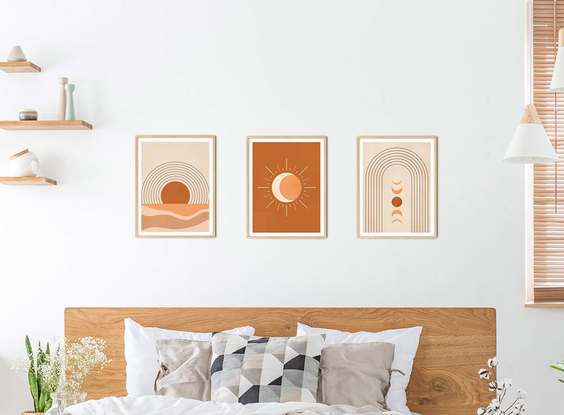  [AUSTRALIA] - Mid Century Wall Art and Terracotta Decor - by Haus and Hues | Set of 3 Mid Century Art Prints | Moon Wall Art | Boho Art Wall Decor | Mid Century Modern Wall Art | Geometric Decor (8"x10", UNFRAMED)