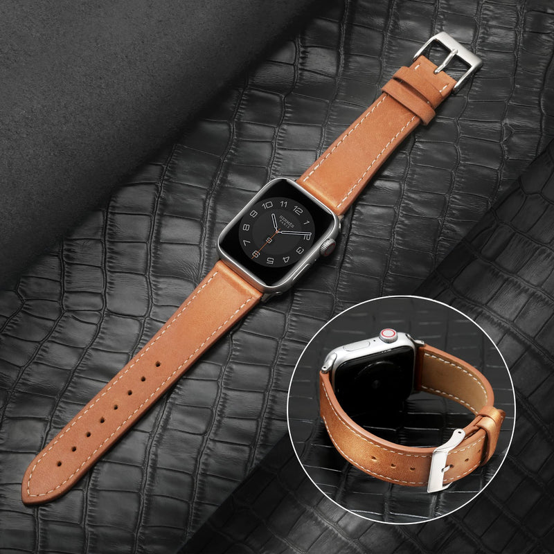  [AUSTRALIA] - Marge Plus Compatible with Apple Watch Band Series SE 7 6 5 4 3 2 1 45mm 41mm 44mm 40mm 42mm 38mm, Genuine Leather Replacement Band for iWatch, Leather Apple Watch Strap for Women & Men, Brown A-Brown/Silver 38mm / 40mm / 41mm