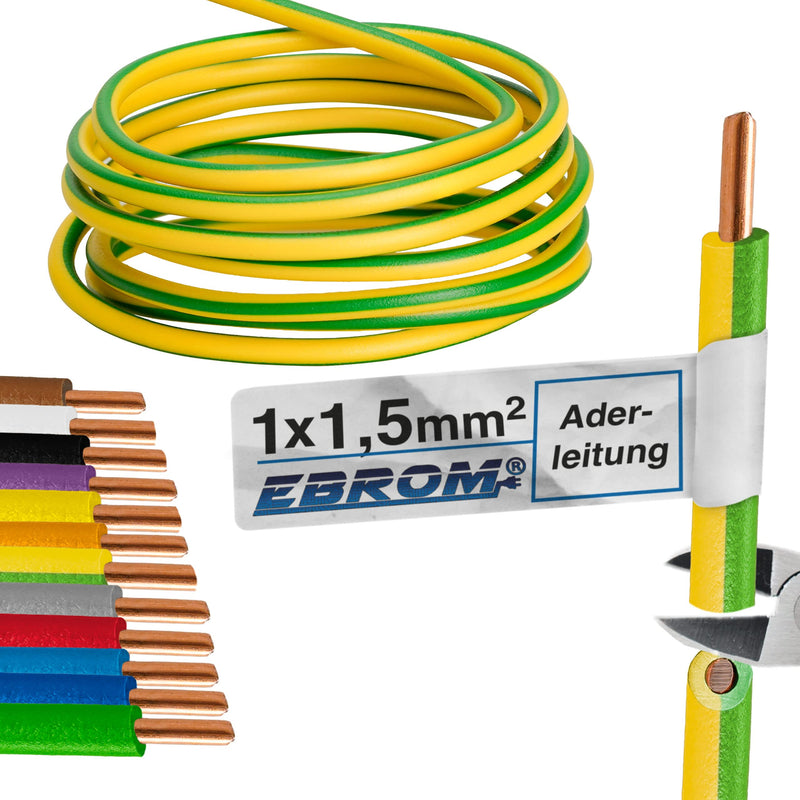  [AUSTRALIA] - EBROM core cable - rigid single core - PVC cable - wiring cable - H07V-U 1.5 mm² - 1.5 mm2 - color: green yellow - many lengths available, from 10 meters to 100 meters - your selected length: 15 m