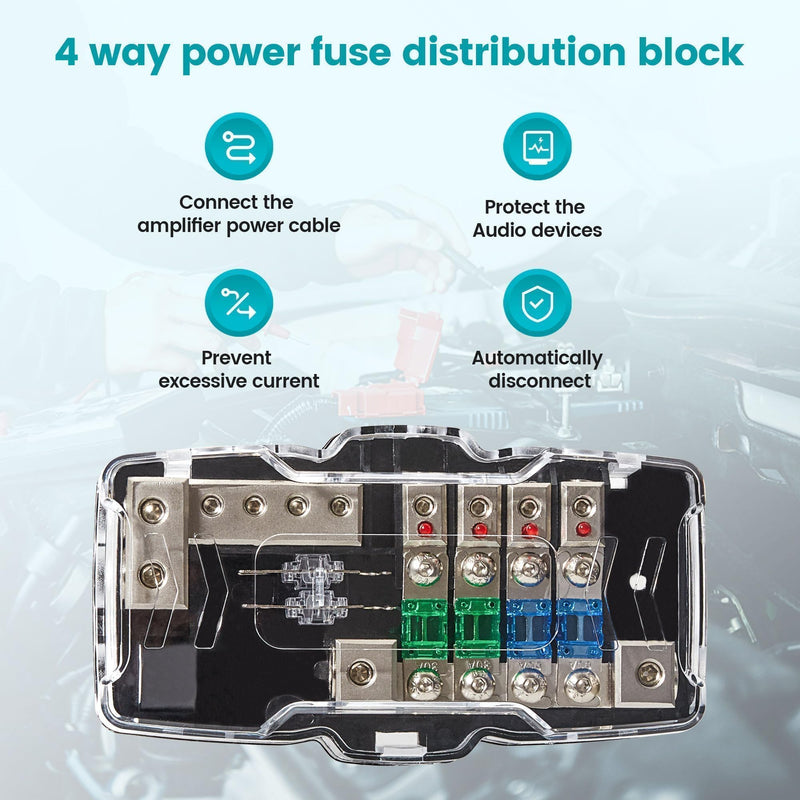  [AUSTRALIA] - NuIth Car Audio Power Distribution Block 0/4 Gauge Input 4/8 Gauge Output, 4 Way Mini ANL Fuse Block 12V with Ground, 2 Way in 4 Way Out Fused Distribution Block with Red LED Indicator