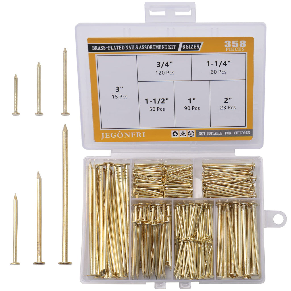  [AUSTRALIA] - 6 Sizes Gold Hardware Nails Assortment Kit, 358pcs, Brass Plated, Nails for Hanging Pictures, Finishing Nails, Wood Nails, Wall Nails for Hanging (3”, 2”, 1-1/2”, 1-1/4", 1”, 3/4")