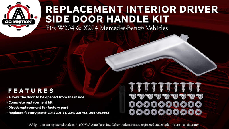 Interior Door Handle Kit - Front Left or Rear Driver Side - Compatible with Mercedes-Benz Vehicles - W204, X204 C230, C250, C300, C350 - Replaces 2047201171 , 2047201763, 2047202663 - Matte Silver - LeoForward Australia