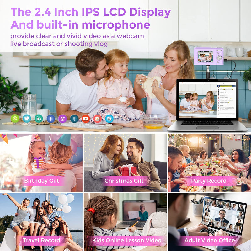  [AUSTRALIA] - Digital Camera, NEZINI 2 Charging Mode Mini Kids Camera, Full HD 1080P 36MP 2.4 Inch LCD Vlogging Camera for Kids, 16X Zoom Compact Pocket Camera Point and Shoot Camera for Kids Beginners (Purple) Purple