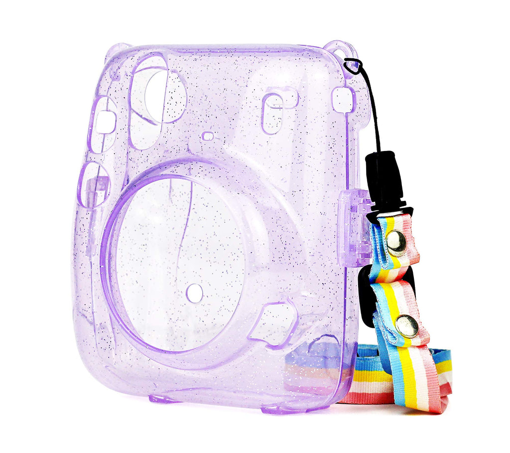  [AUSTRALIA] - QUEEN3C Instant Mini 11 Protective Case, Designed for Mini 11 Instant Camera, with Adjustable Rainbow Shoulder Strap. (Clear Case, Purple Glitter Transparent) Clear Case