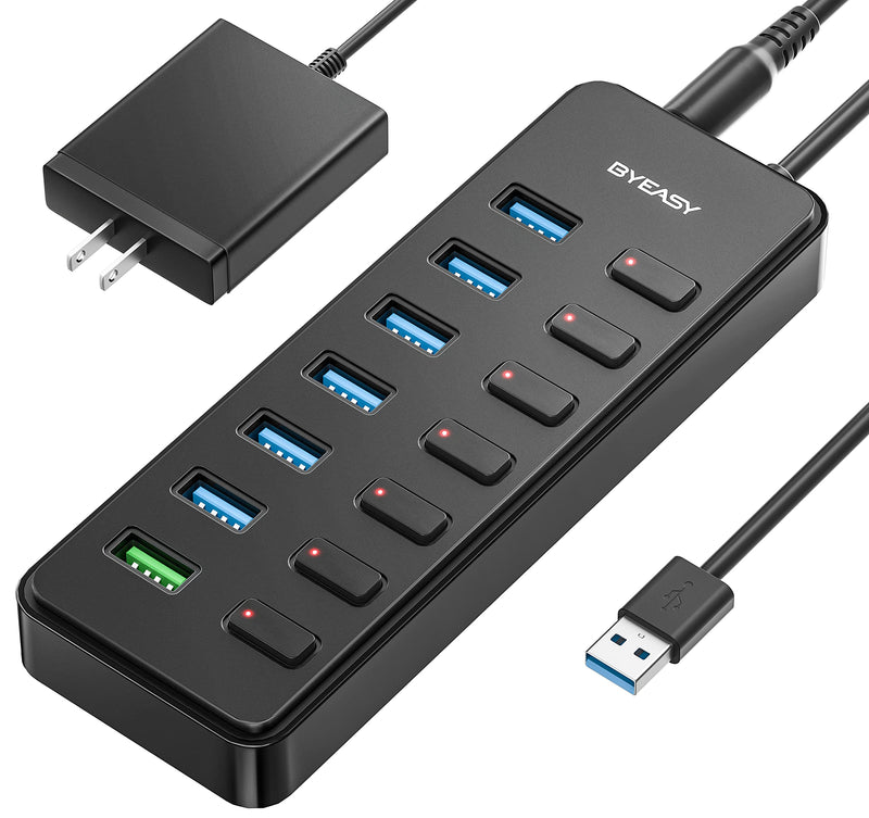  [AUSTRALIA] - BYEASY 7 in 1 Multiport USB Hub with BC1.2 Smart-Charging Port, Powered USB 3.0 Hub with 5V/3A Power Adapter,USB Data Splitter with Individual Indicator for Notebook Laptop Tablet USB Flash Drives PC