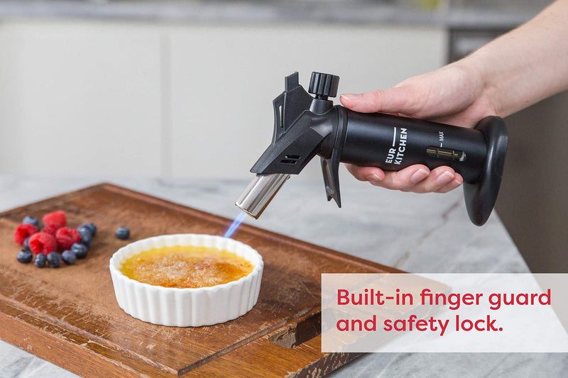  [AUSTRALIA] - EurKitchen Butane Culinary Kitchen Torch - Fuel Not Included - Refillable Food Blow Torch for Creme Brulee and to Sear Steak, Fish - Kitchen Lighter Tool for Cooking with Finger Guard (w/Fuel Gauge)