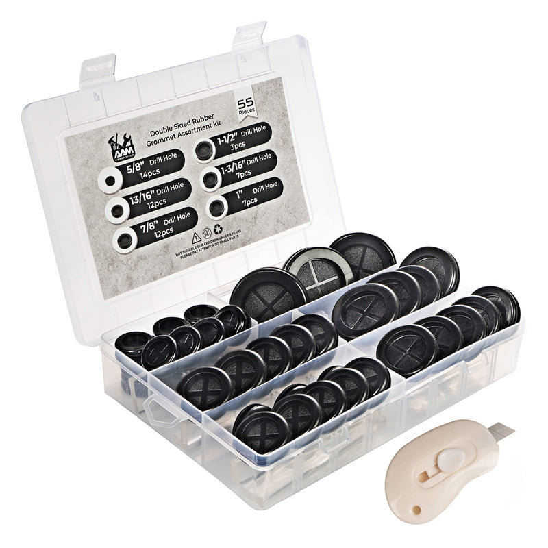  [AUSTRALIA] - 55Pcs Double-Sided Rubber Grommets kit in 6 Assorted Sizes 5/8",13/16",7/8",1",1-3/16",1-1/2"- Round & Waterproof - Ideal Solution for Wire Protection (Black)