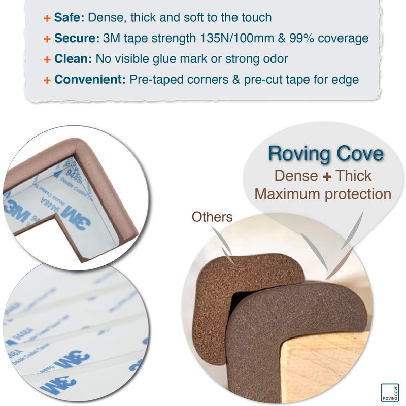 Roving Cove Table Corner and Edge Protectors (15ft Edge + 4 Corners), Heavy-Duty, Soft NBR Rubber Foam, Baby Proofing Furniture and Fireplace, 3M Pre-Taped Corners, Coffee Brown 15 feet - LeoForward Australia