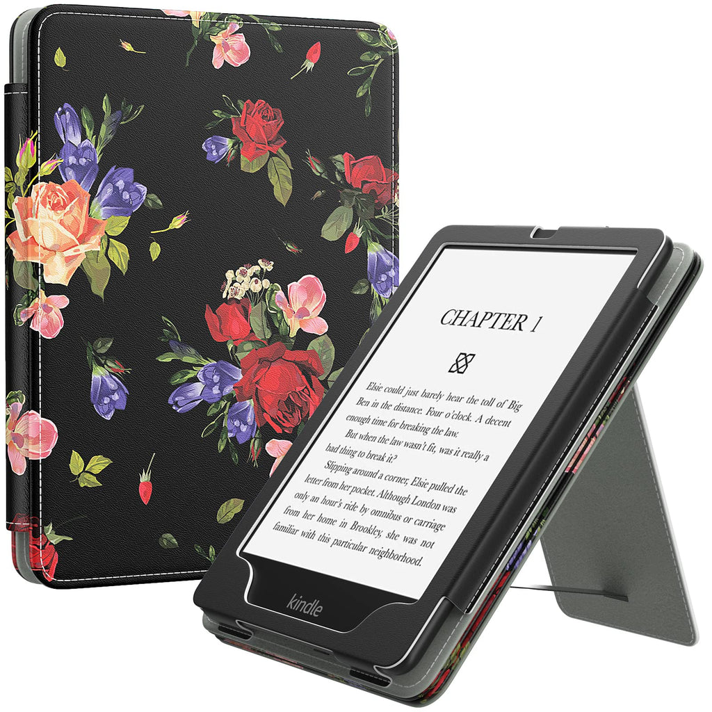  [AUSTRALIA] - MoKo Case for 6.8" Kindle Paperwhite (11th Generation-2021) and Kindle Paperwhite Signature Edition, Slim PU Shell Cover Case with Auto-Wake/Sleep for Kindle Paperwhite 2021, Rose On Black