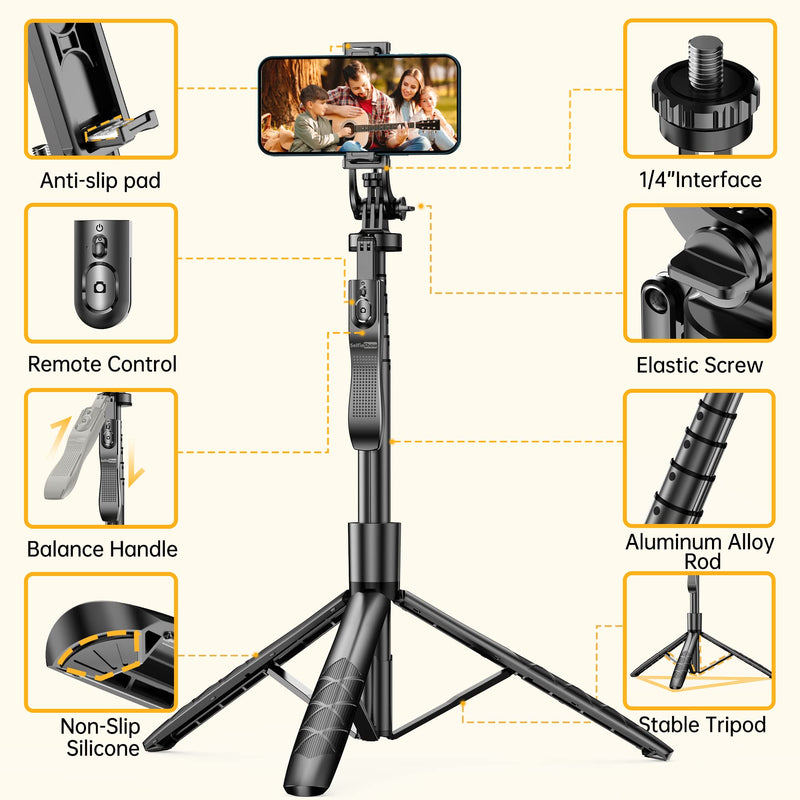  [AUSTRALIA] - 61" Selfie Stick Tripod, All in One Extendable Phone Tripod Stand with Wireless Remote 360° Rotation for iPhone and Android Phone Selfies, Video Recording, Vlogging, Live Streaming, Aluminum