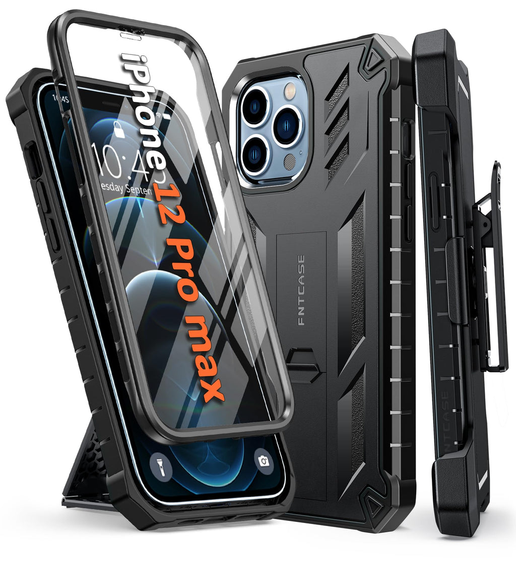  [AUSTRALIA] - FNTCASE for iPhone 12 Pro Max Case: with Belt-Clip Holster & Built-in Screen Protector & Kickstand, Full-Body Dual Layer Rugged Military Grade Shockproof Protective Cell Phone Cover 6.7 inch-Black Black