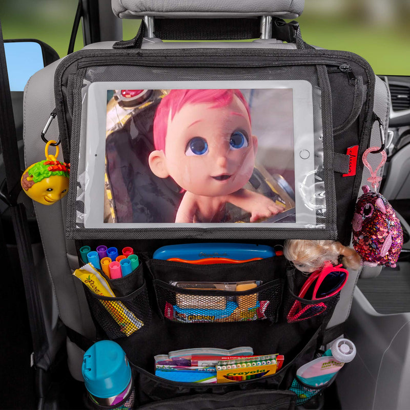  [AUSTRALIA] - Heavy Duty Back Seat Car Organizer | Extra Large for Powerful Protection - Sag Proof, Reinforced Corners | Protect iPad, Backseat & Kids Gear with 12 Versatile Car Seat Organizer Storage Compartments Black