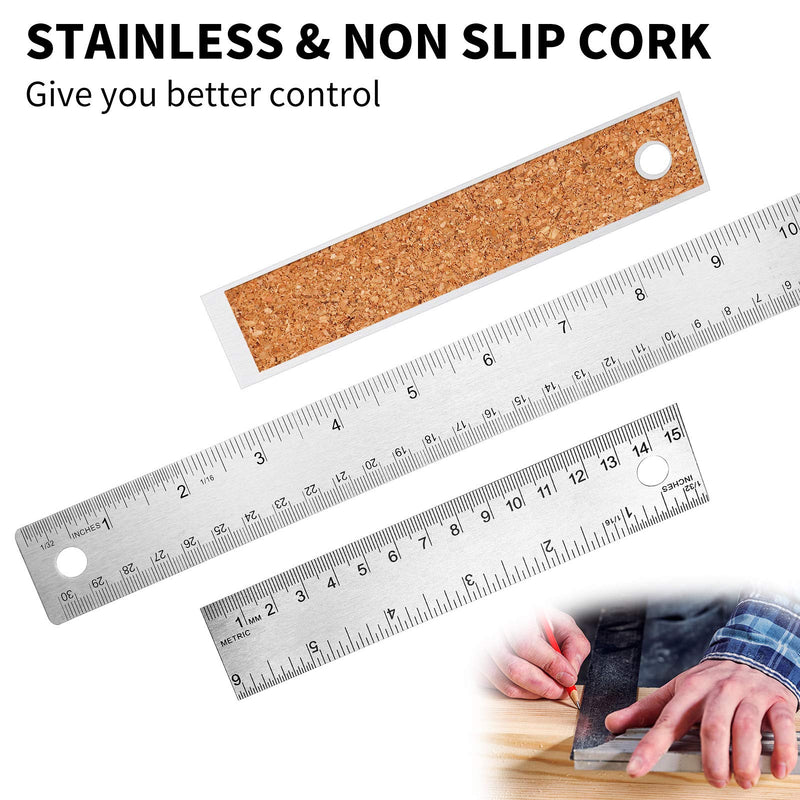  [AUSTRALIA] - 3 Pieces Stainless Steel Cork Back Rulers Set 1 Piece 12 Inch and 2 Pieces 6 Inch Non Slip Straight Edge Rulers with Inch and Metric Graduations for School Office Engineering Woodworking
