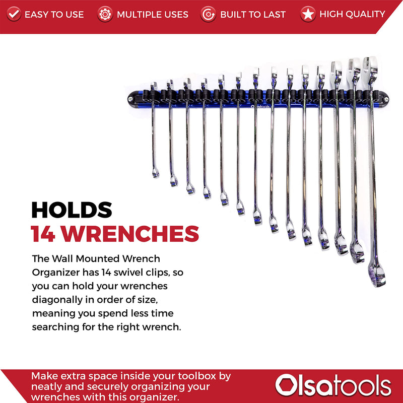  [AUSTRALIA] - Olsa Tools Wall Mount Wrench Organizer with Rotating Clips | Blue Anodized Aluminum + Black Clips | Premium Quality Wrench Holder | 14 Wrenches Fit Rack Blue Aluminum + Black Clips