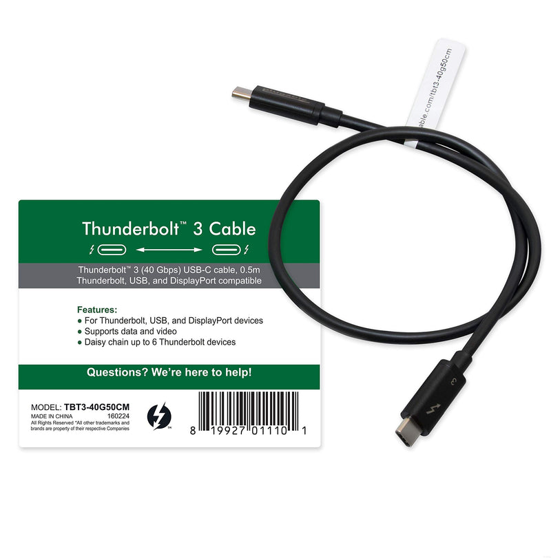Plugable Thunderbolt 3 Cable 40Gbps Supports 60W (20V, 3A) Charging, 1.6ft / 0.5m USB C Compatible [Thunderbolt 3 Certified] 0.5m 40Gb 3A - LeoForward Australia