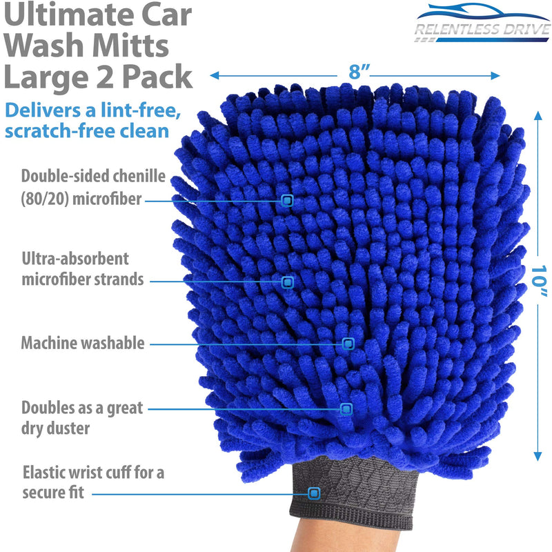  [AUSTRALIA] - Relentless Drive Ultimate Car Wash Mitt (2 Pack, Large) Premium Chenille Microfiber Lint and Scratch-Free Sponge Glove Large, 2pcs