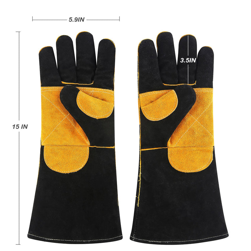  [AUSTRALIA] - JDYYICZ Welding Gloves Double Layered Heat Resistant Lined Leather with Velvet, Black - 16 Inch for Mig, Tig Welders, BBQ, Gardening, Camping, Stove, Fireplace