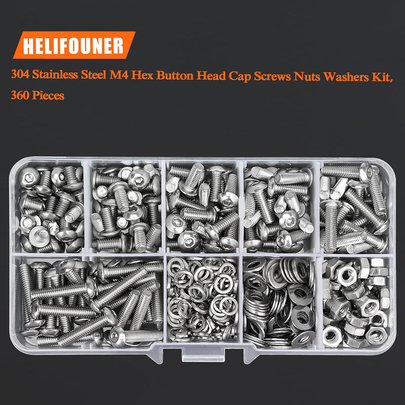  [AUSTRALIA] - HELIFOUNER 360 Pieces M4 x 6mm /8mm /10mm /12mm /16mm /20mm, Hex Button Head Cap Metric Screws Bolts Washers Nuts Kit, 304 Stainless Steel