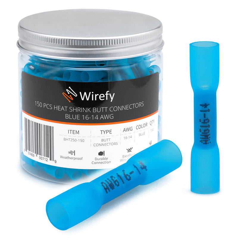  [AUSTRALIA] - Wirefy 150 PCS Heat Shrink Butt Connectors Blue 16-14 AWG - Marine Grade Butt Connectors - Wire Butt Splice Connectors - Electrical Waterproof Heat Shrink Butts