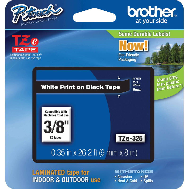  [AUSTRALIA] - Brother Genuine P-Touch TZE-325 Tape, 3/8" (0.35") Wide Standard Laminated Tape, White on Black, Laminated for Indoor or Outdoor Use, Water-Resistant, 0.35" x 26.2' (9mm x 8M), Single-Pack, TZE325