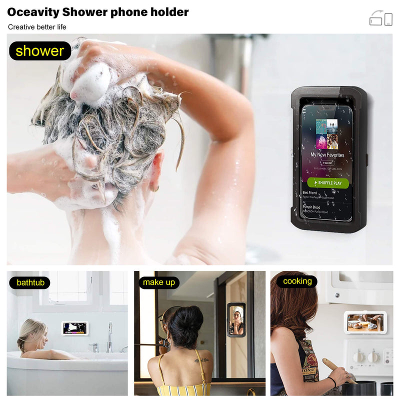  [AUSTRALIA] - 2021 Upgraded Oceavity Shower Phone Holder Waterproof 360° Rotation, Mirror/Wall Mount Phone Holder for Shower Bathroom Bathtub Kitchen, Universal Shower Accessories (Obsidian Black) Obsidian Black
