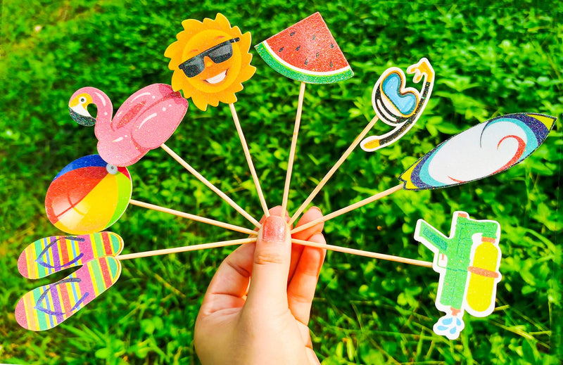  [AUSTRALIA] - 36Pcs Hawaii Theme Party Decoration,Summer Pool Beach Party Cupcake Topper Glitter Beach Ball Watermelon Umbrella Sun Water Slippers Goggles Cupcake Toppers for Summer Birthday Tropical Luau Hawaiian Theme Party Supplies