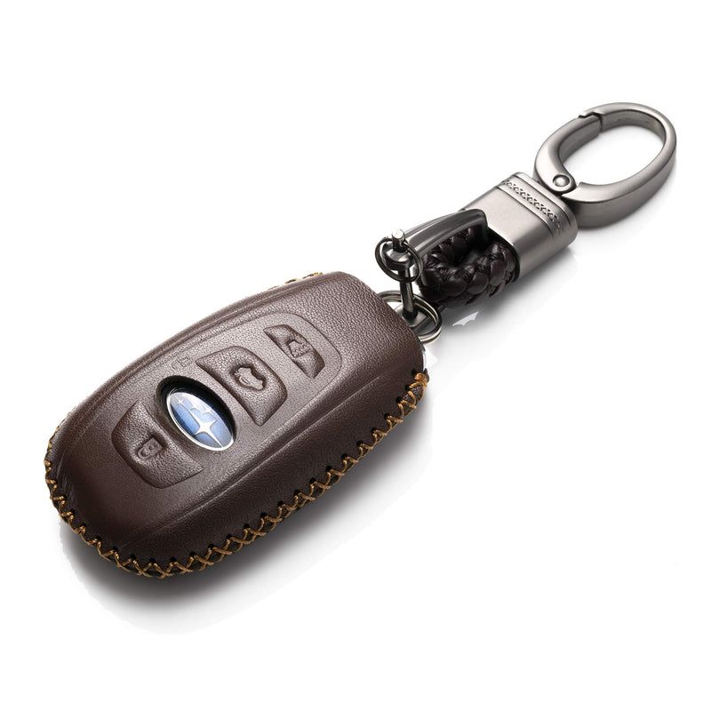  [AUSTRALIA] - Vitodeco Subaru Leather Keyless Entry Remote Control Smart Key Case Cover with a Key Chain for 2019 Subaru Forester, Impreza, Outback, WRX, BRZ, XV Crosstrek (4-Button, Brown)