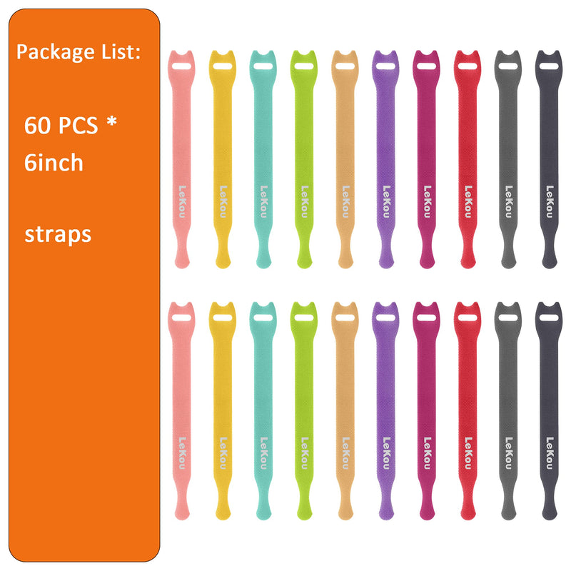  [AUSTRALIA] - Lekou Cable Ties, 60 PCS 6 Inch Fastening Cable Straps, Reusable Hook and Loop Straps Wire Management, Cord Organizer Cable Ties for Home Desk Office Organization