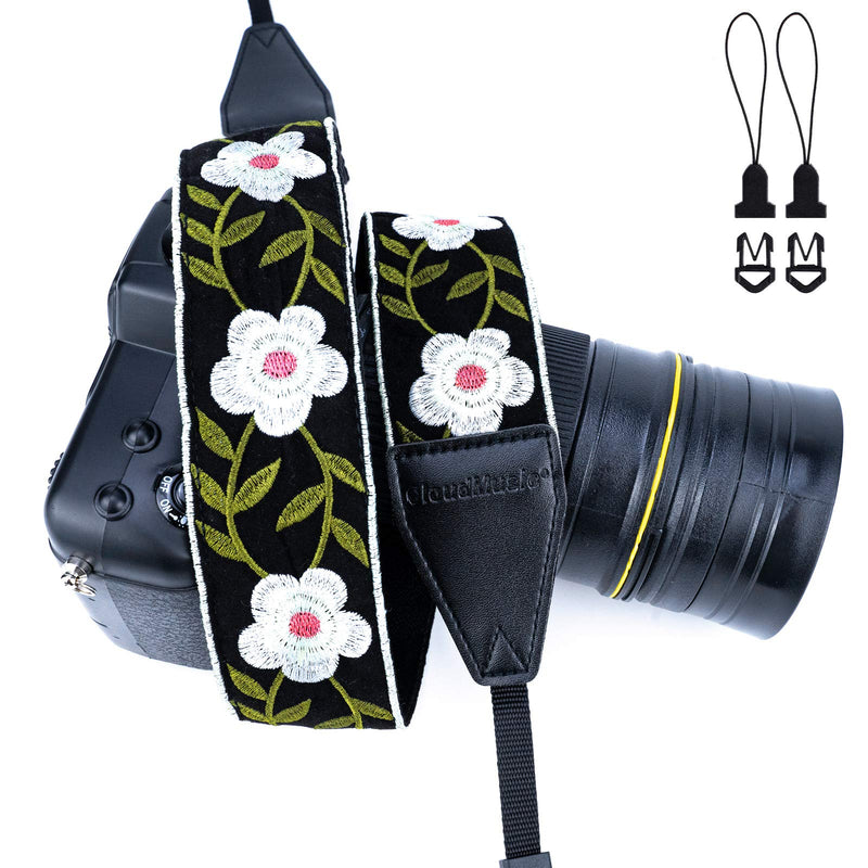  [AUSTRALIA] - CLOUDMUSIC Camera Strap Jacquard Weave Neck Strap For Girls Men Women Floral (Style 22) White Flowers in Black