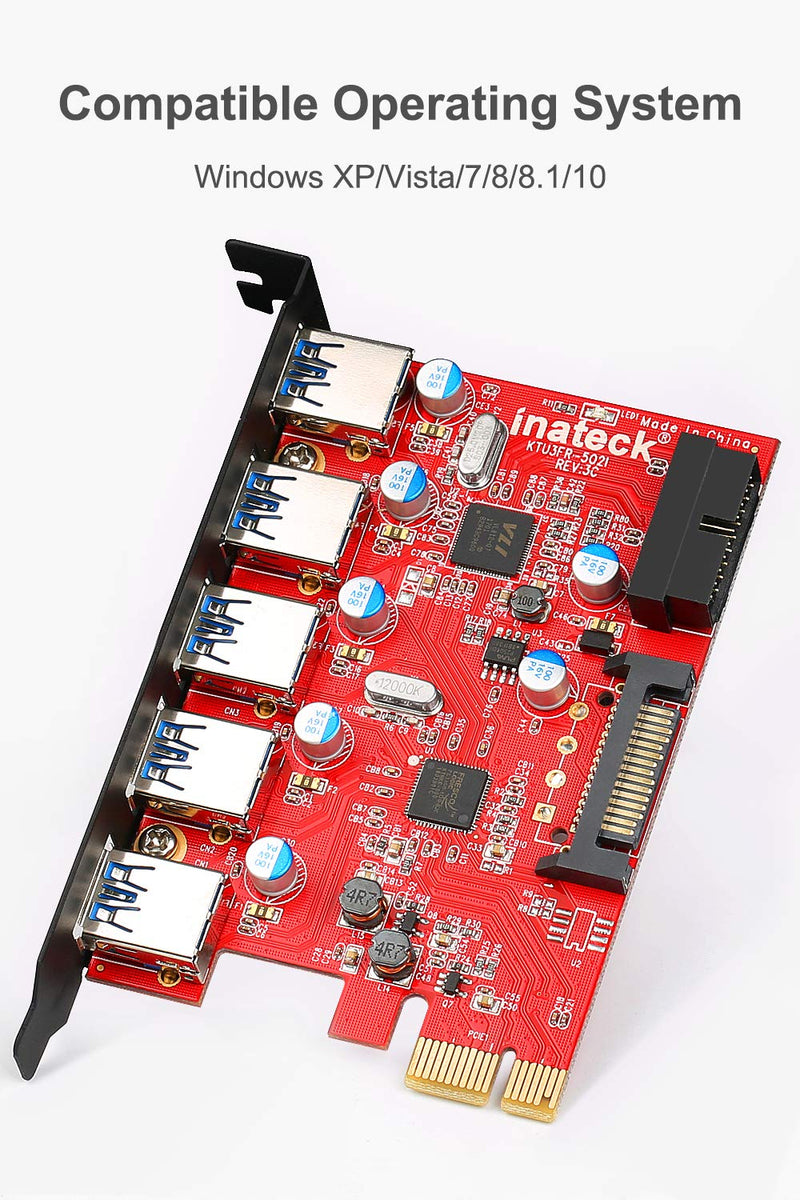 [AUSTRALIA] - Inateck PCI-E to USB 3.0 (5 Ports) PCI Express Card and 15-Pin Power Connector, Red (KT5001)