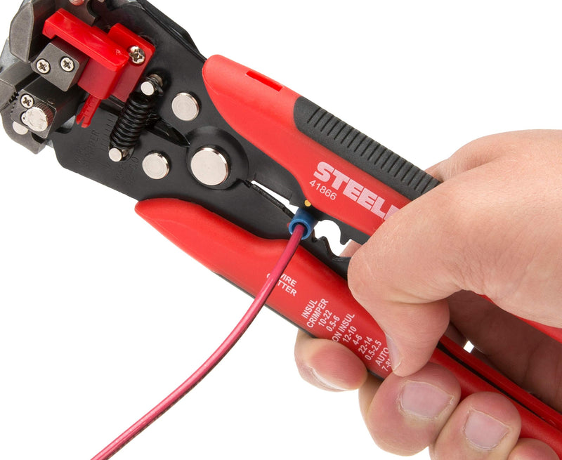  [AUSTRALIA] - STEELMAN Self-Adjusting 8-inch Wire and Cable Strippers, Strip Wires 30-8AWG, Cut Wires 24-10AWG, Crimp 22-10AWG Terminals, Adjustable Wire Stop, Comfortable Grip 8-inch Self-Adjusting Wire/Cable Stripper