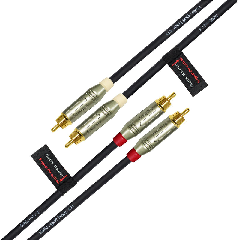 0.5 Foot RCA Cable Pair - Gotham GAC-4/1 (Black) Star-Quad Audio Interconnect Cable with Amphenol ACPR Die-Cast, Gold Plated RCA Connectors - Directional - LeoForward Australia