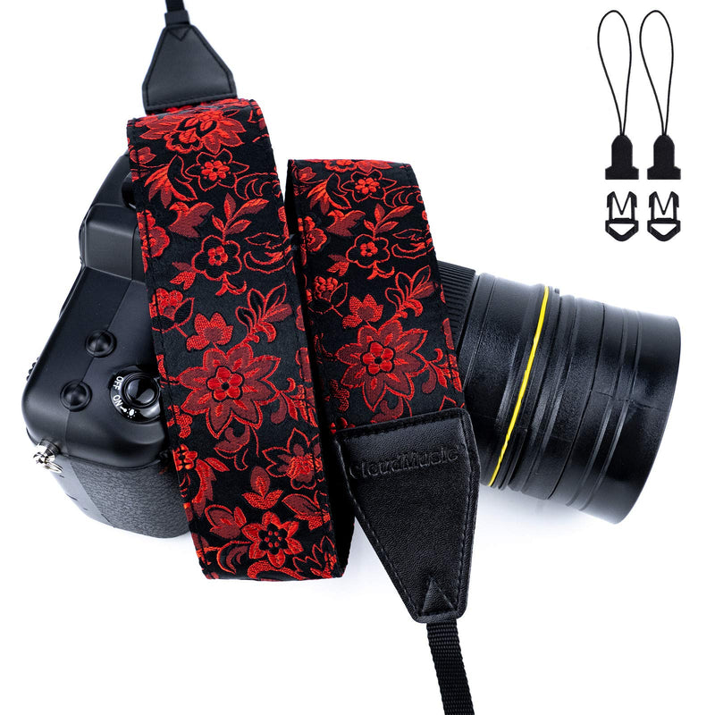  [AUSTRALIA] - CLOUDMUSIC Camera Strap Jacquard Weave Neck Strap For Girls Men Women Floral (Style 25) Red Flowers in Black