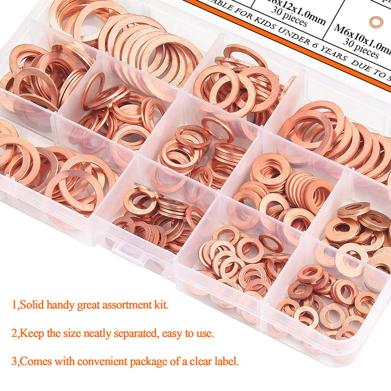  [AUSTRALIA] - Copper Washer Assortment Set, HELIFOUNER 300 Pieces 12 Sizes Copper Metric Sealing Washers Kit Copper Washers Set